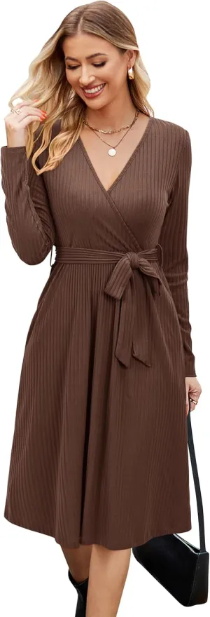 Newshows Womens 2024 Fall Sweater Dress Long Sleeve Business Casual Outfits V Neck Ribbed Knit Belt Trendy with Pockets