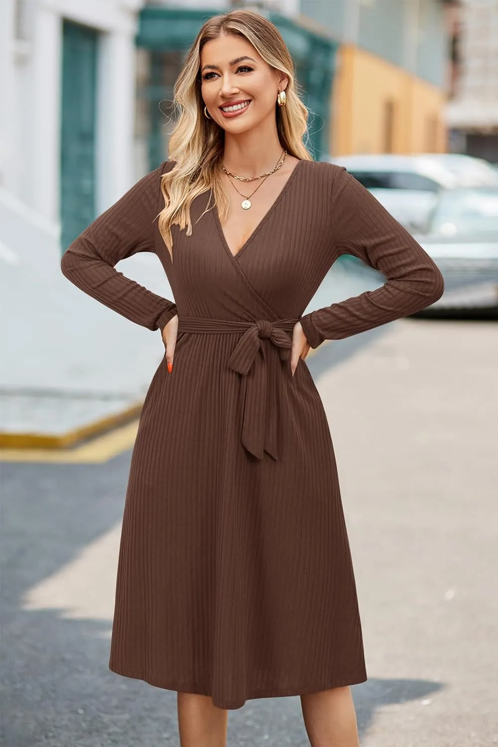 Newshows Womens 2024 Fall Sweater Dress Long Sleeve Business Casual Outfits V Neck Ribbed Knit Belt Trendy with Pockets