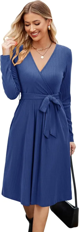 Newshows Womens 2024 Fall Sweater Dress Long Sleeve Business Casual Outfits V Neck Ribbed Knit Belt Trendy with Pockets