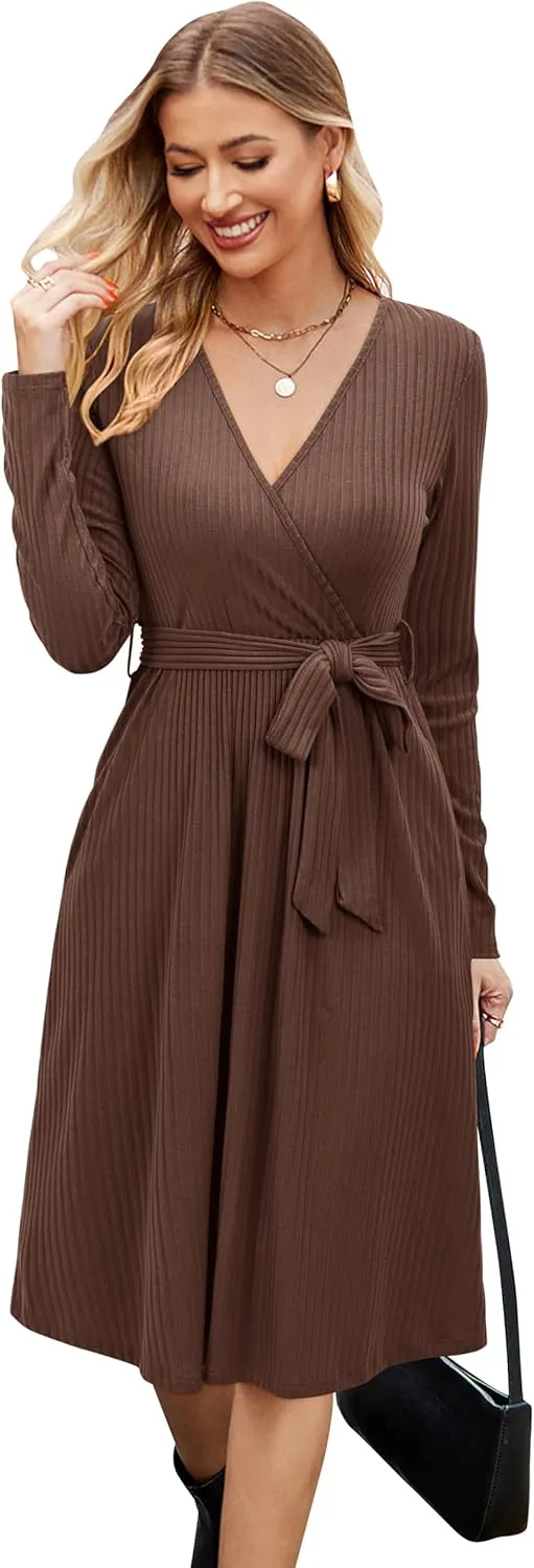 Newshows Womens 2024 Fall Sweater Dress Long Sleeve Business Casual Outfits V Neck Ribbed Knit Belt Trendy with Pockets