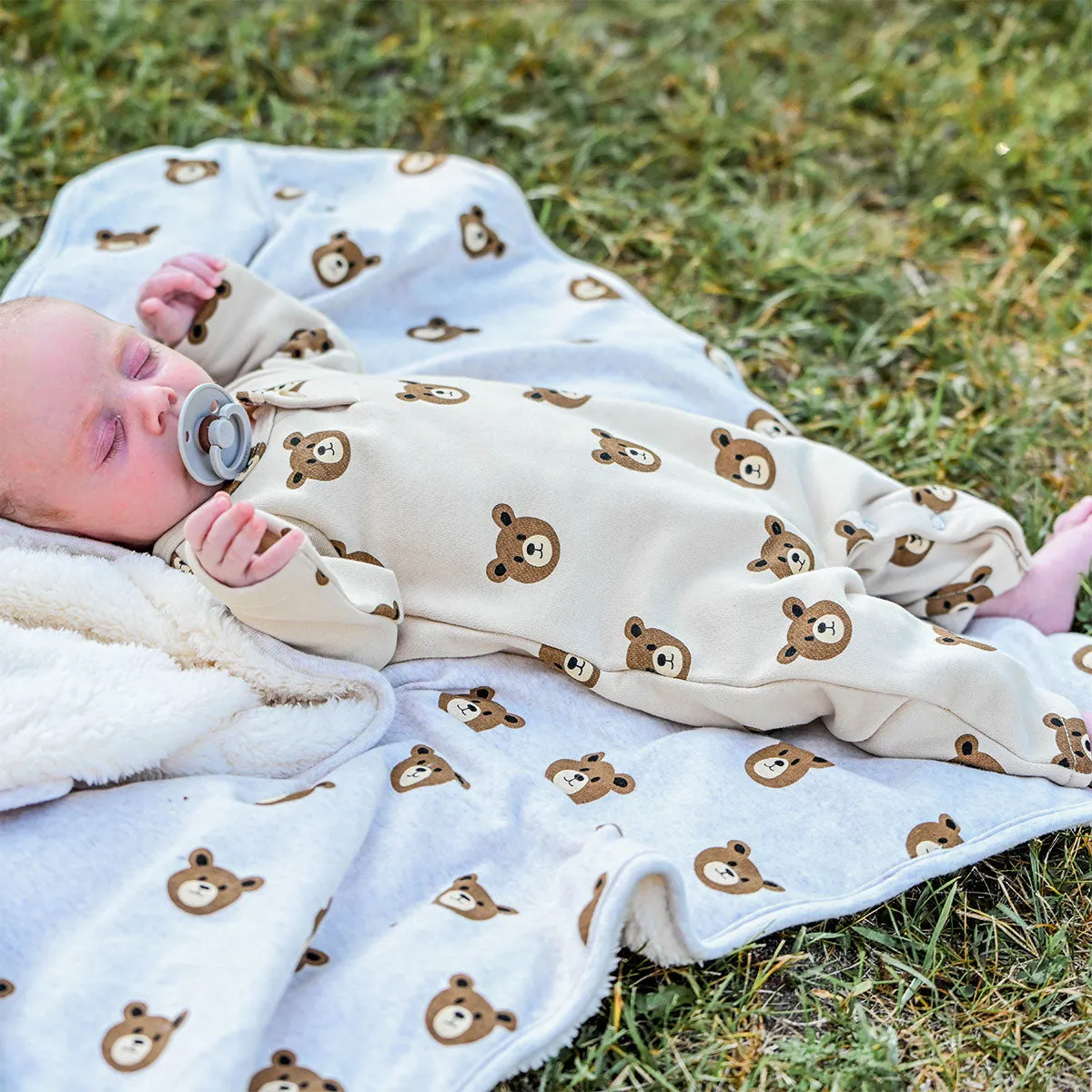 oh baby! One Button Romper French Terry - Teddy Bear Face Print - Biscotti