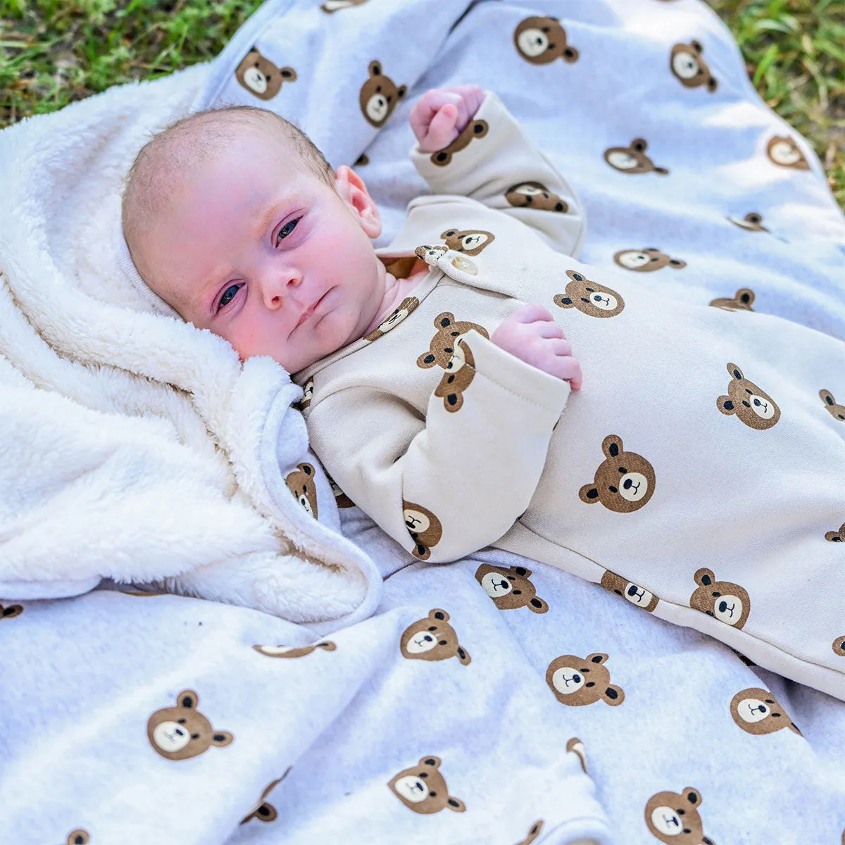 oh baby! One Button Romper French Terry - Teddy Bear Face Print - Biscotti