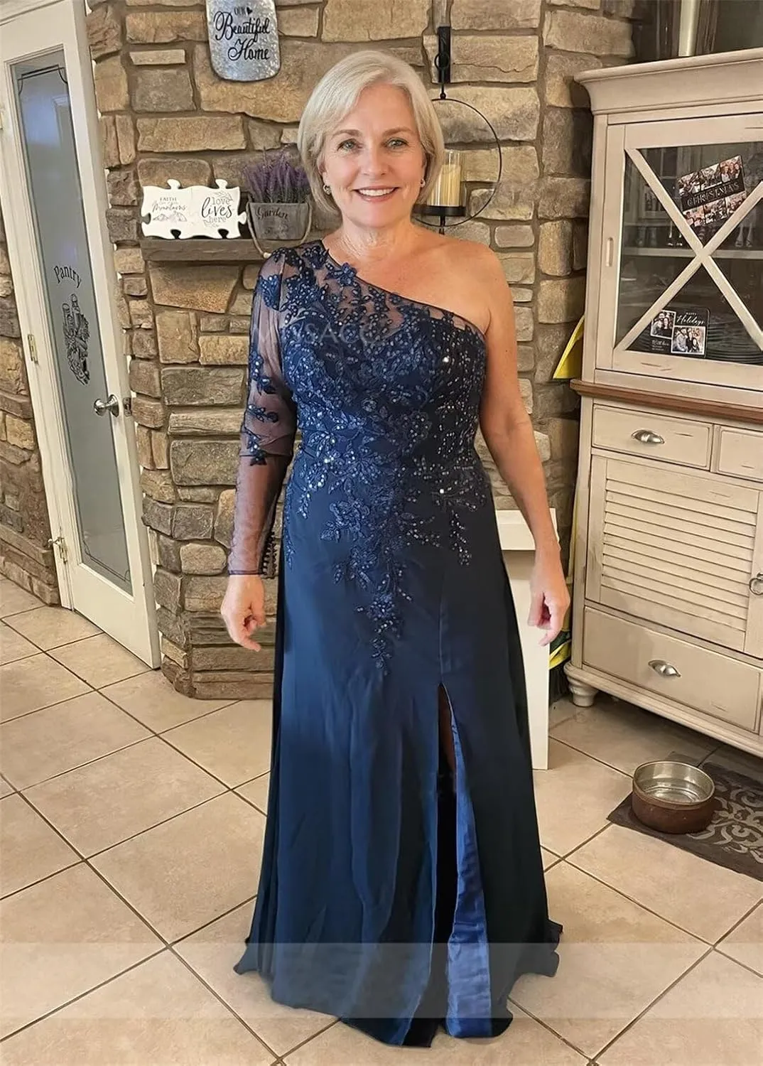 One Shoulder Chiffon Mother of The Bride Dresses Long Sleeve High Slit Beaded Applique Formal Wedding Guest Gown