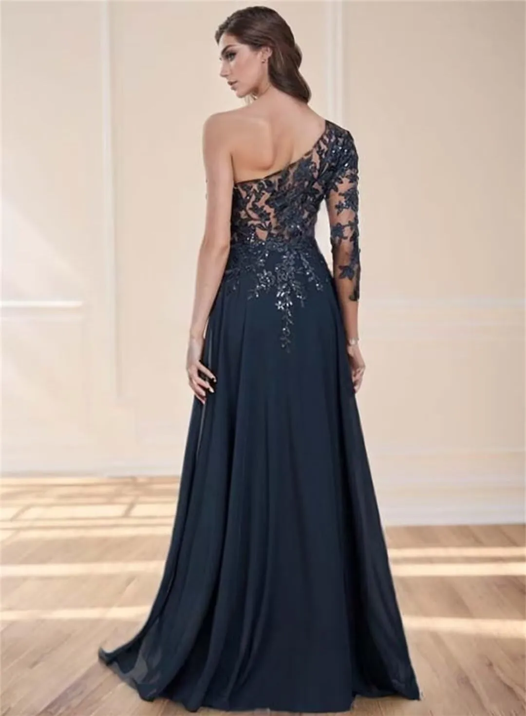 One Shoulder Chiffon Mother of The Bride Dresses Long Sleeve High Slit Beaded Applique Formal Wedding Guest Gown