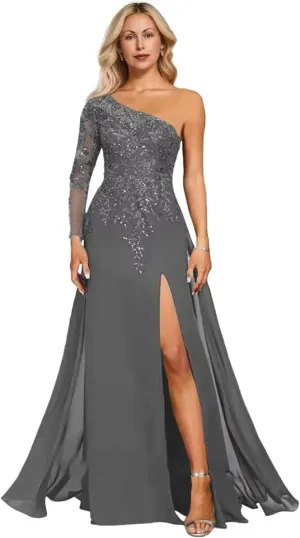 One Shoulder Chiffon Mother of The Bride Dresses Long Sleeve High Slit Beaded Applique Formal Wedding Guest Gown