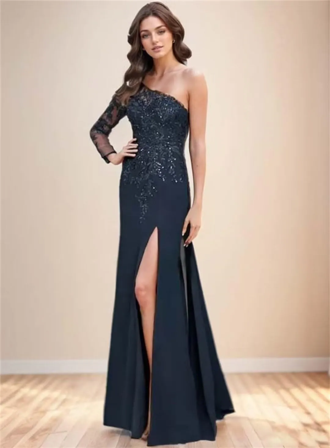 One Shoulder Chiffon Mother of The Bride Dresses Long Sleeve High Slit Beaded Applique Formal Wedding Guest Gown