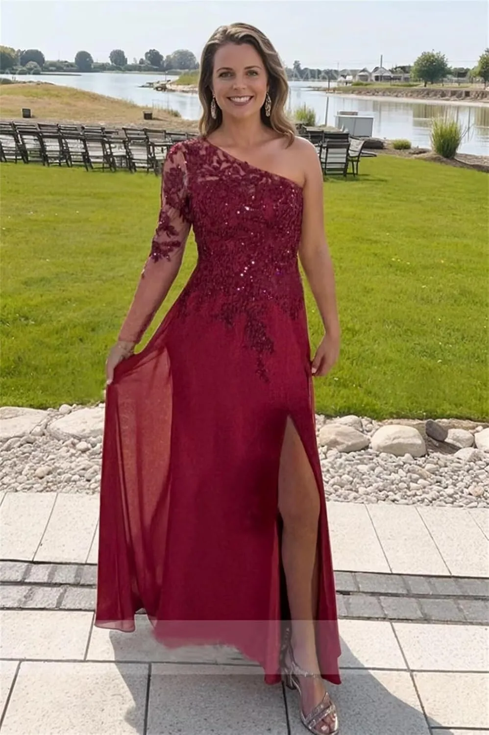 One Shoulder Chiffon Mother of The Bride Dresses Long Sleeve High Slit Beaded Applique Formal Wedding Guest Gown