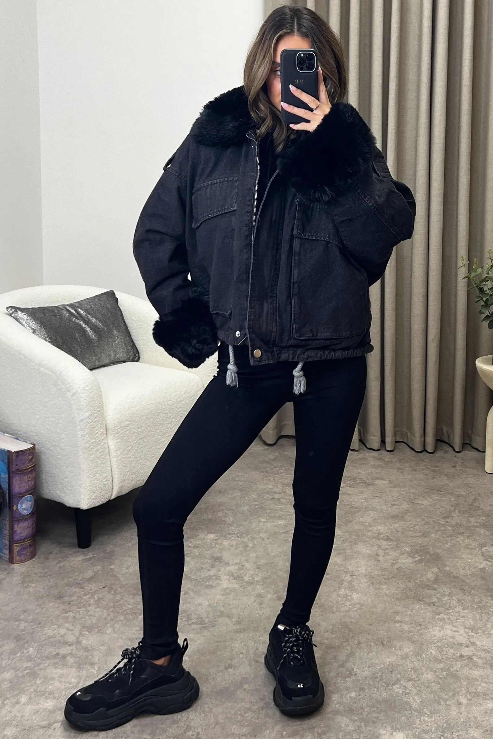 Ophelia Black Denim With Black Faux Fur Jacket