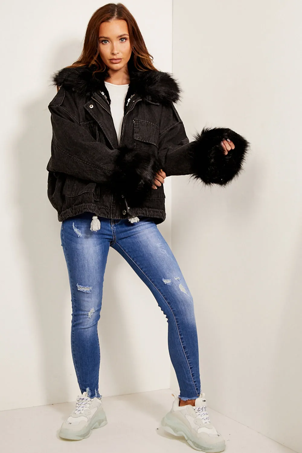 Ophelia Black Denim With Black Faux Fur Jacket
