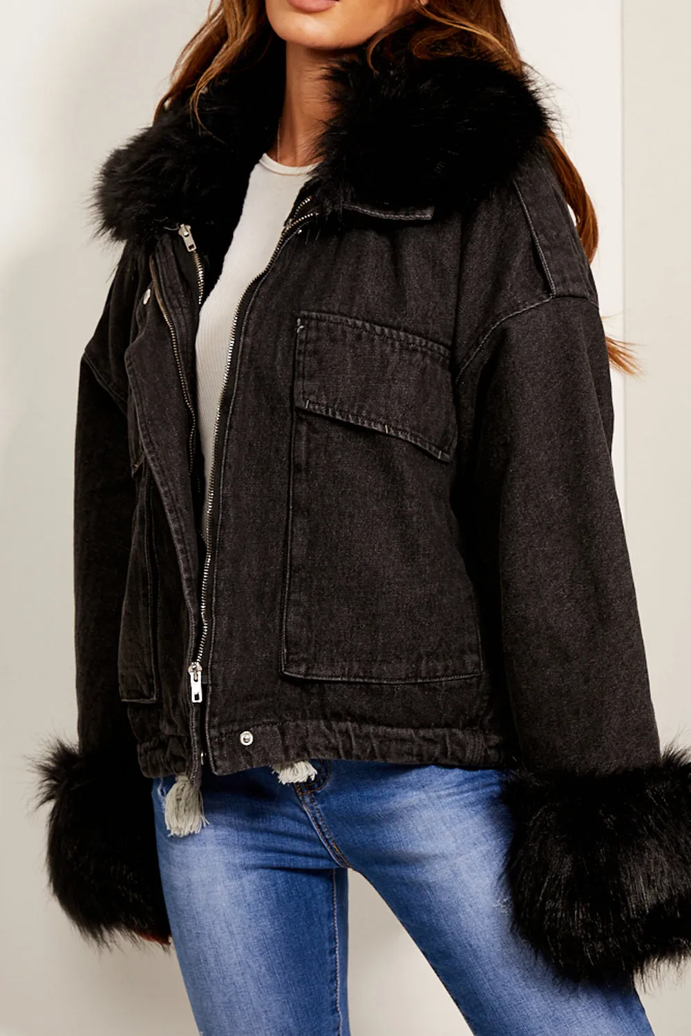 Ophelia Black Denim With Black Faux Fur Jacket