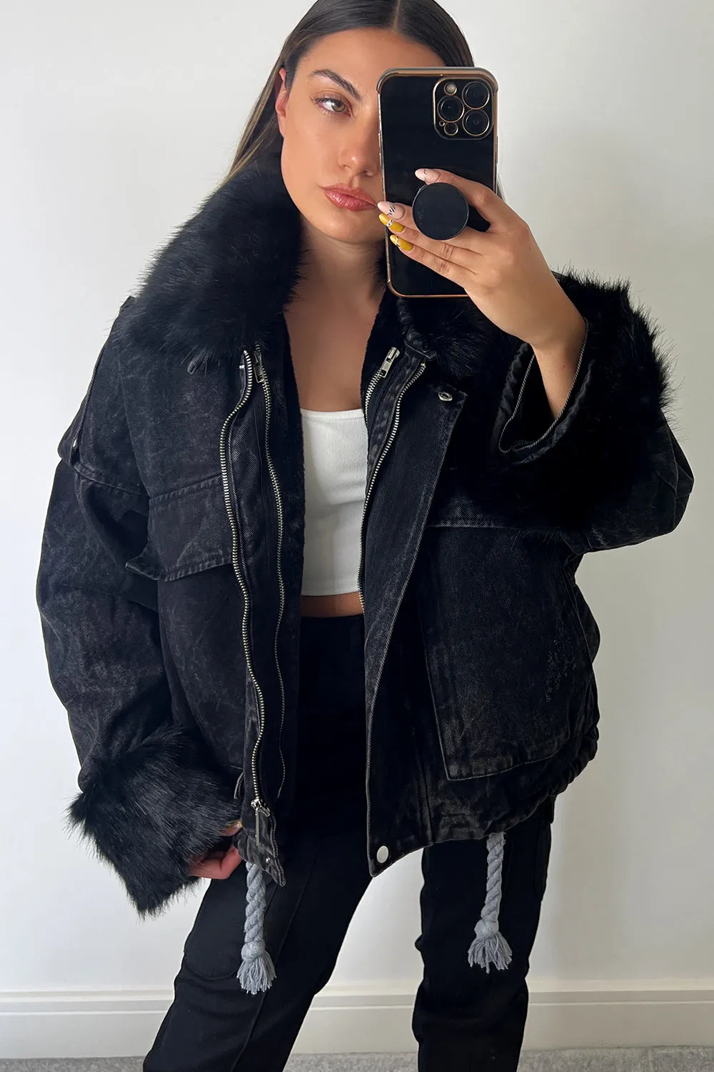 Ophelia Black Denim With Black Faux Fur Jacket