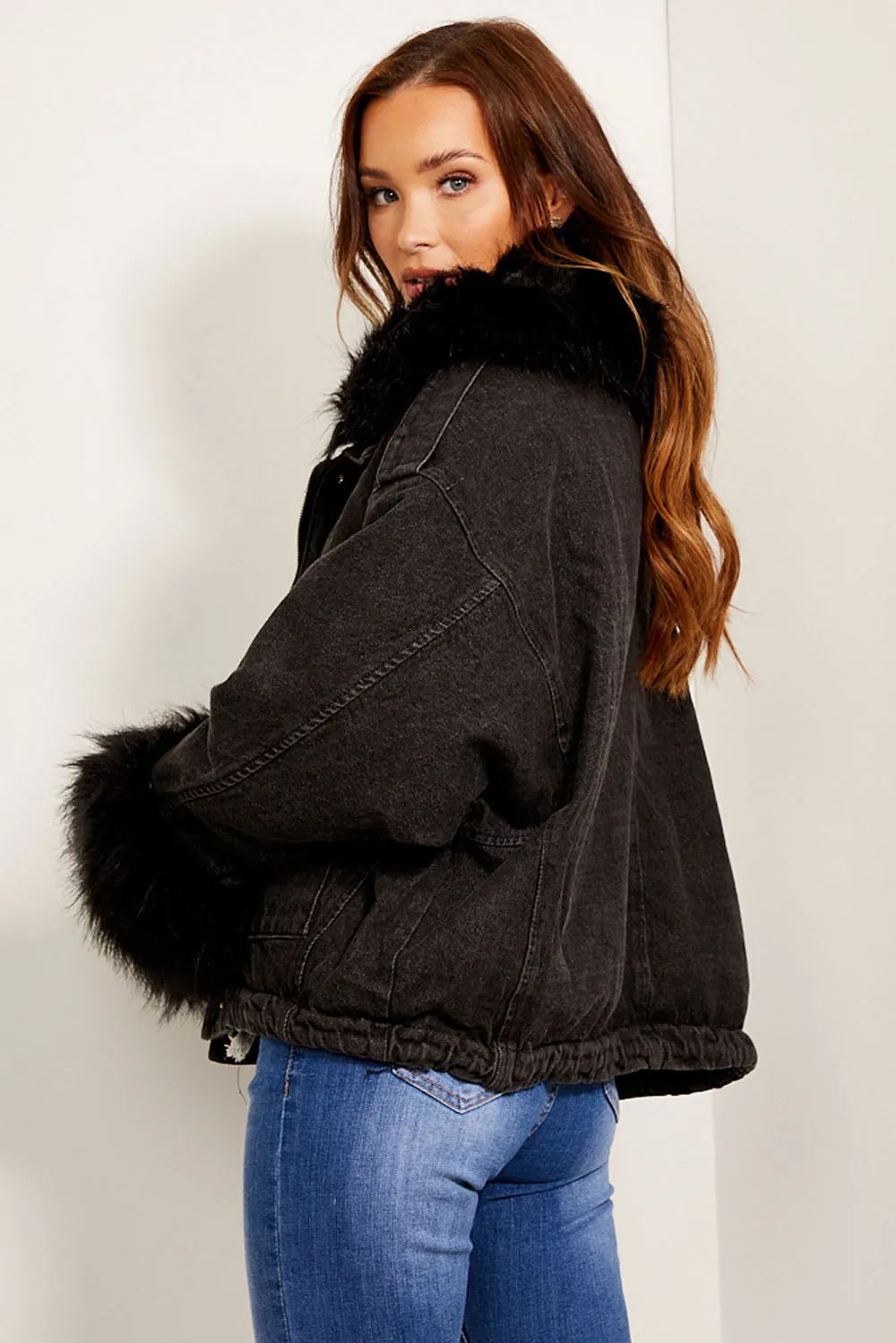 Ophelia Black Denim With Black Faux Fur Jacket