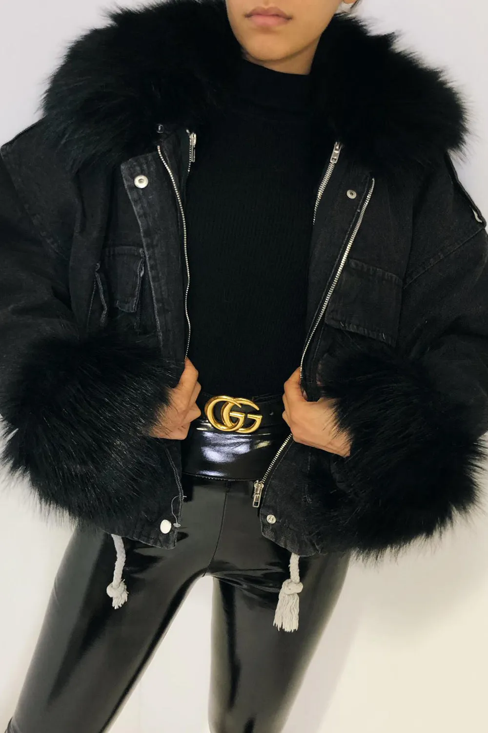 Ophelia Black Denim With Black Faux Fur Jacket