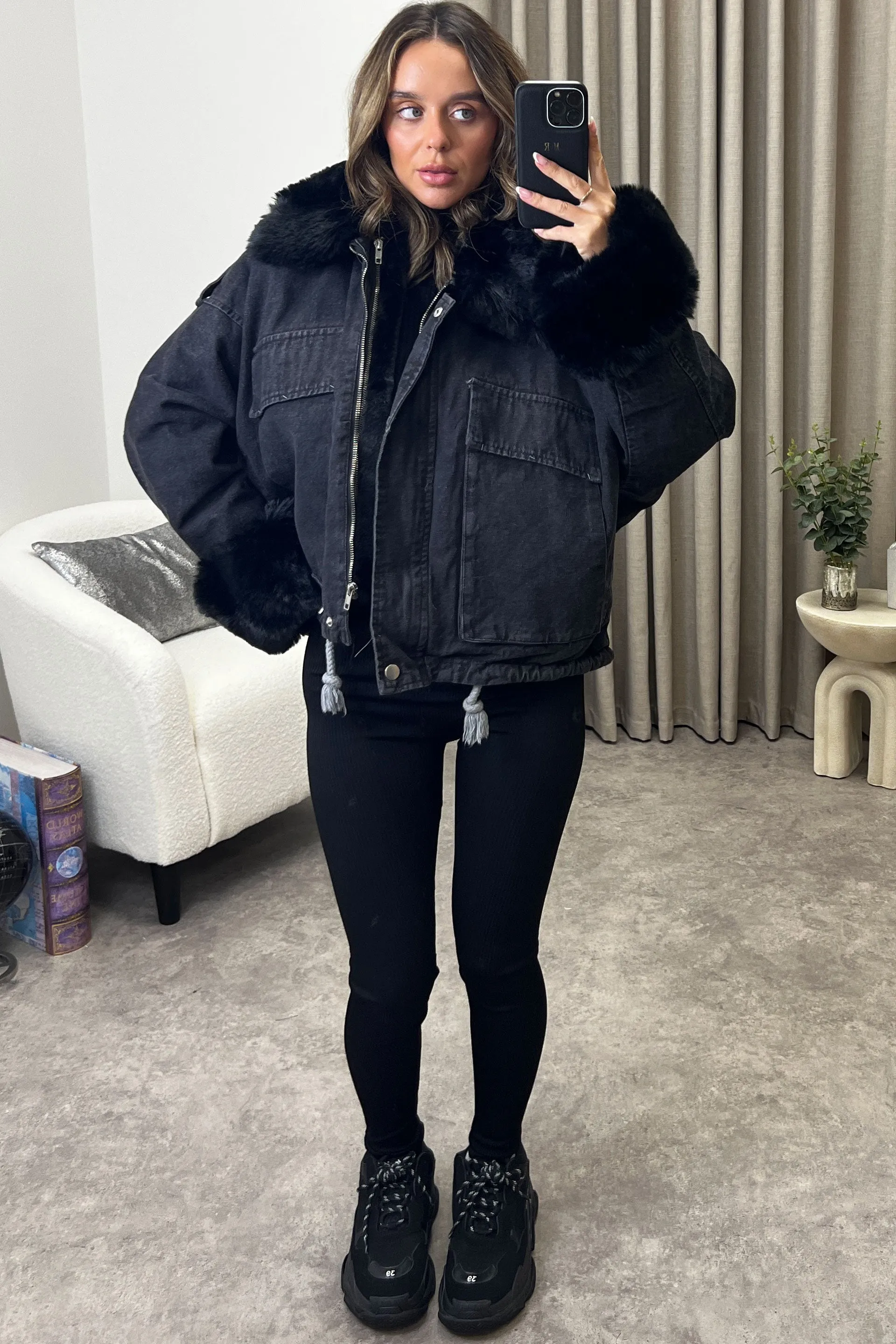 Ophelia Black Denim With Black Faux Fur Jacket