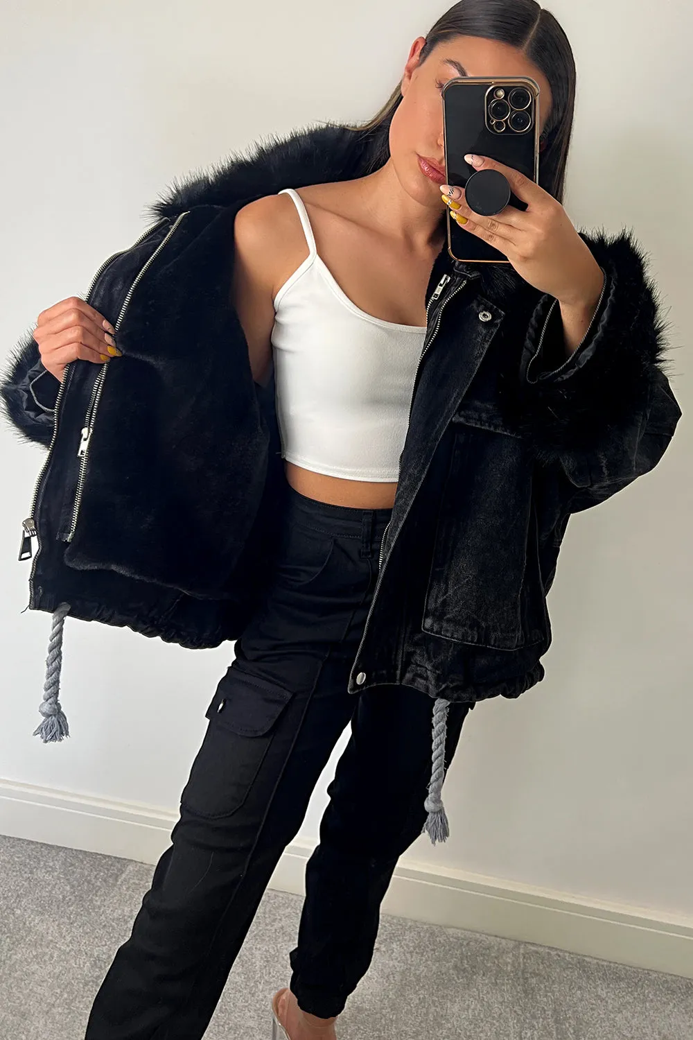 Ophelia Black Denim With Black Faux Fur Jacket