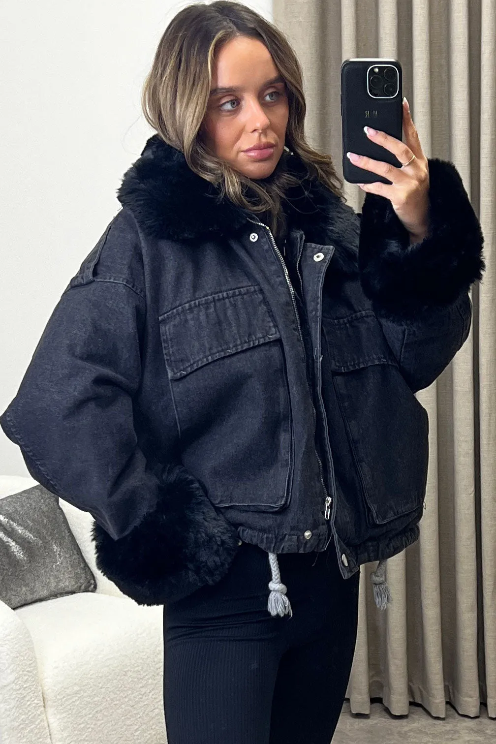 Ophelia Black Denim With Black Faux Fur Jacket