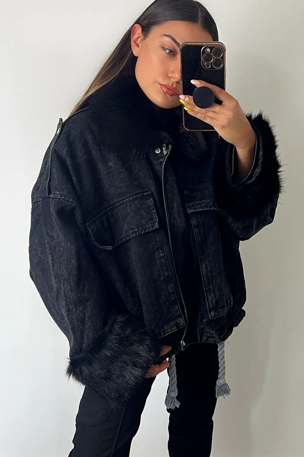 Ophelia Black Denim With Black Faux Fur Jacket
