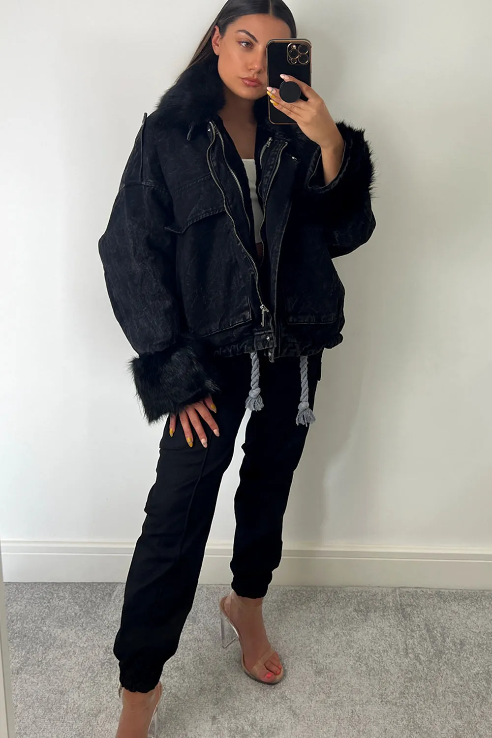 Ophelia Black Denim With Black Faux Fur Jacket
