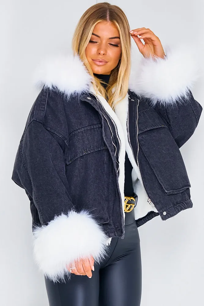 Ophelia Black Denim With White Faux Fur Jacket