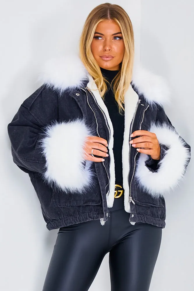 Ophelia Black Denim With White Faux Fur Jacket