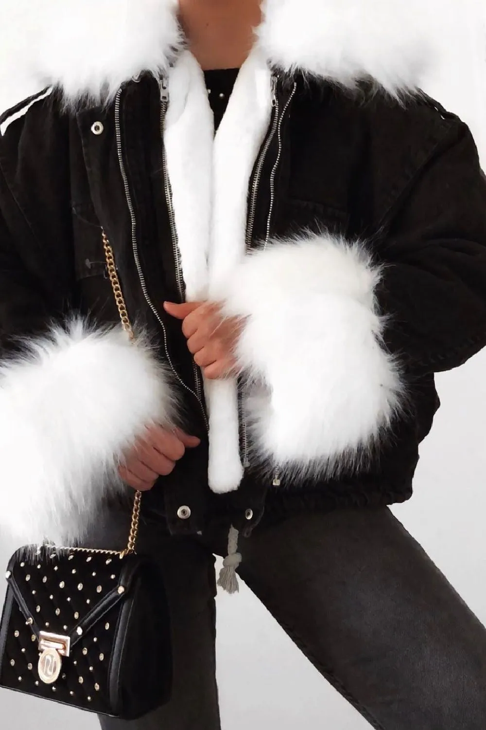 Ophelia Black Denim With White Faux Fur Jacket