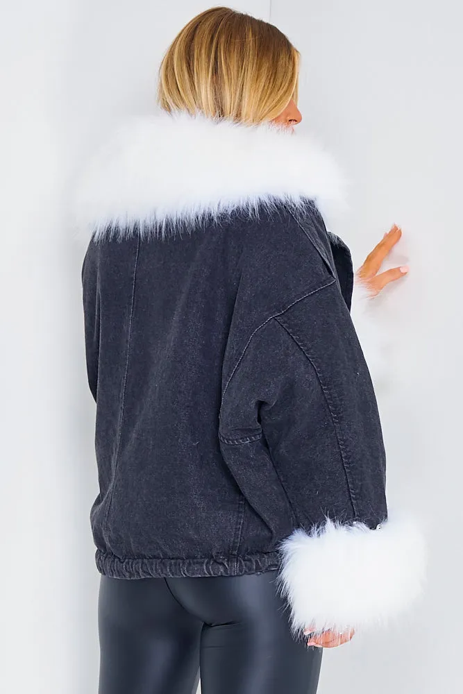 Ophelia Black Denim With White Faux Fur Jacket