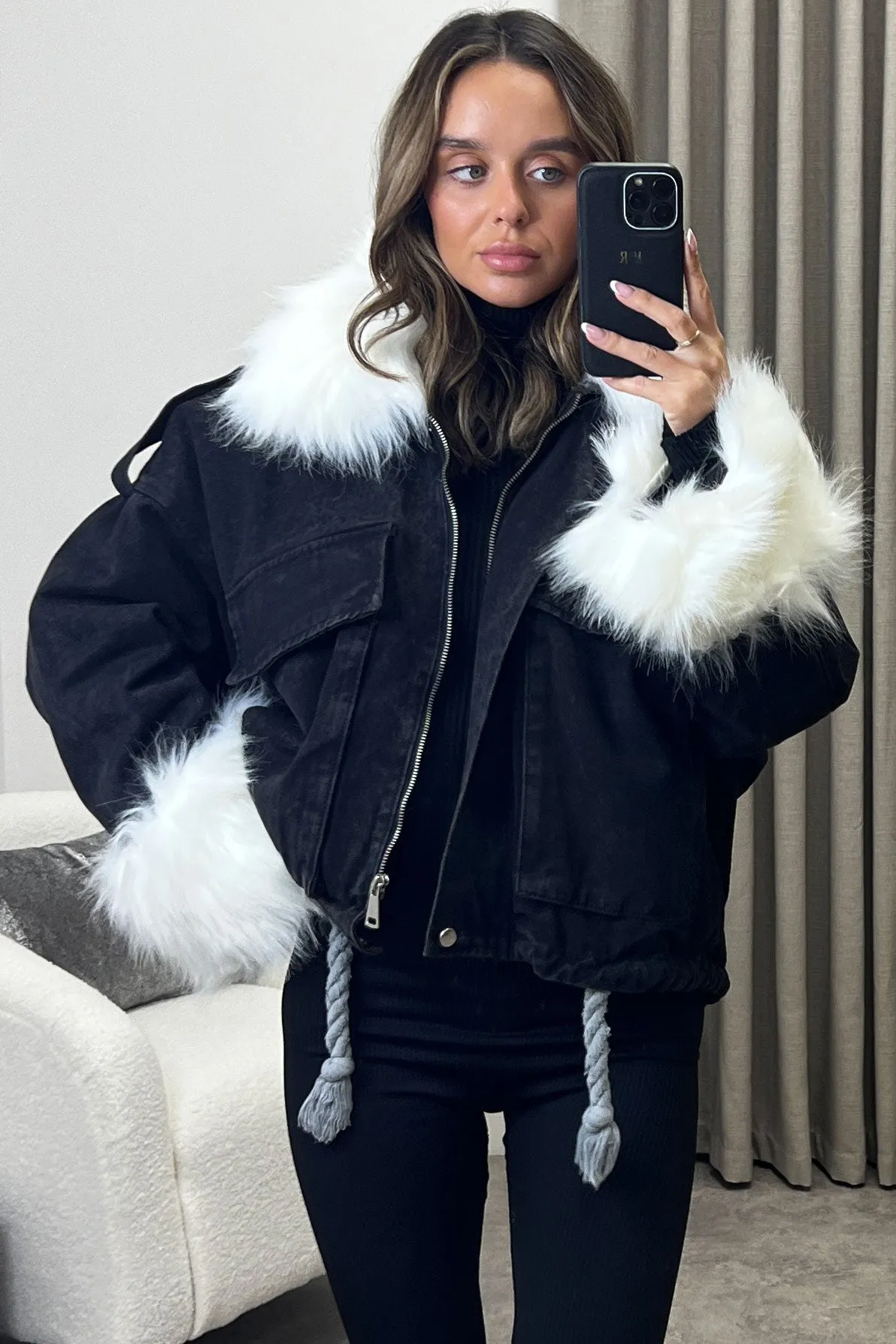 Ophelia Black Denim With White Faux Fur Jacket