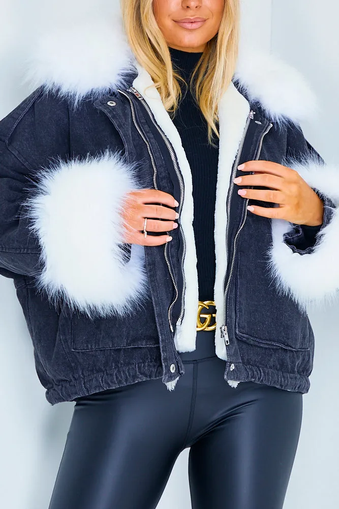 Ophelia Black Denim With White Faux Fur Jacket