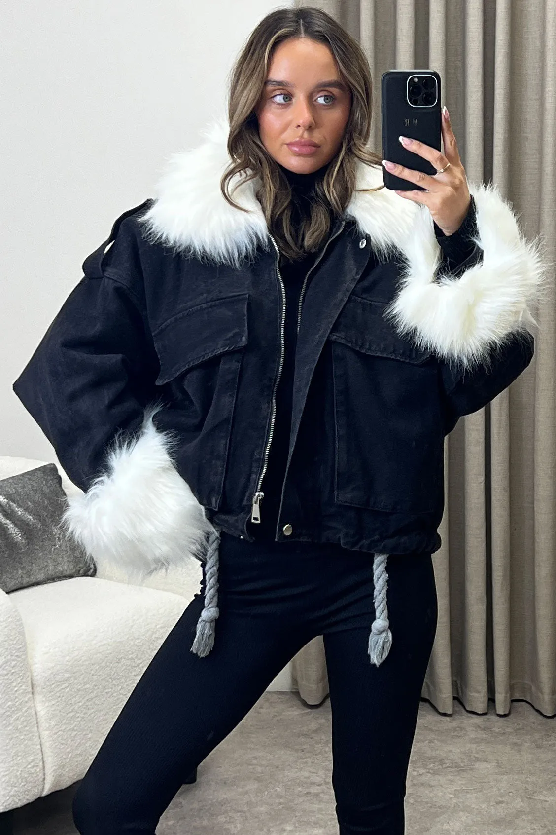 Ophelia Black Denim With White Faux Fur Jacket