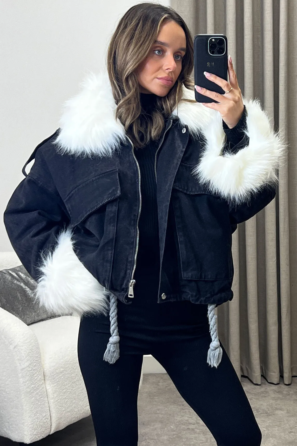 Ophelia Black Denim With White Faux Fur Jacket