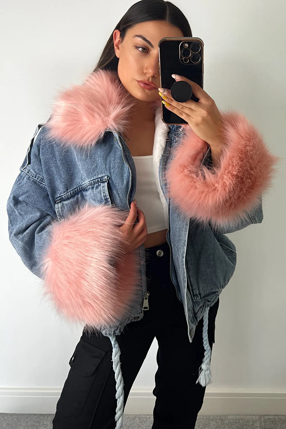 Ophelia Blue Denim With Pink Faux Fur Jacket