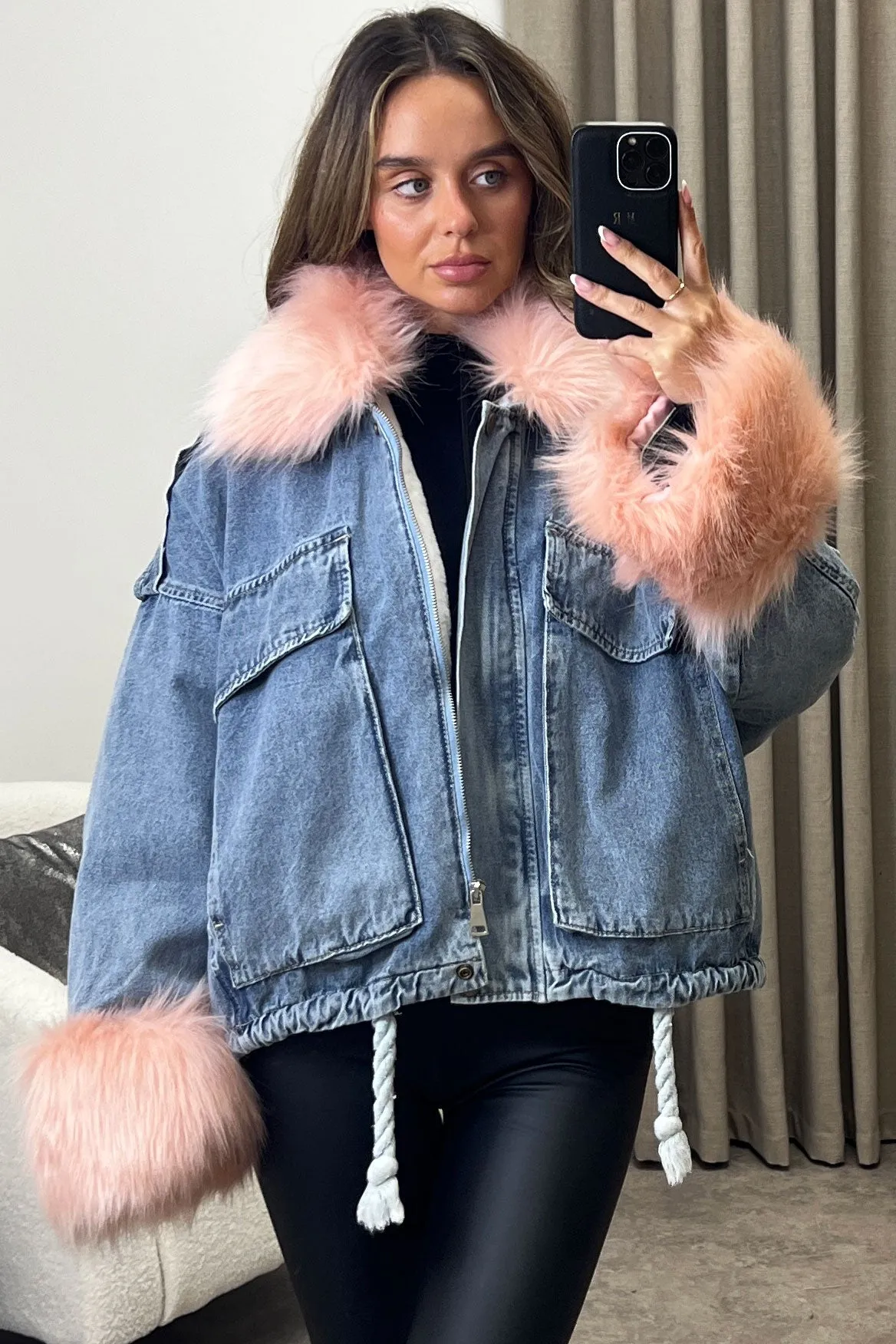 Ophelia Blue Denim With Pink Faux Fur Jacket