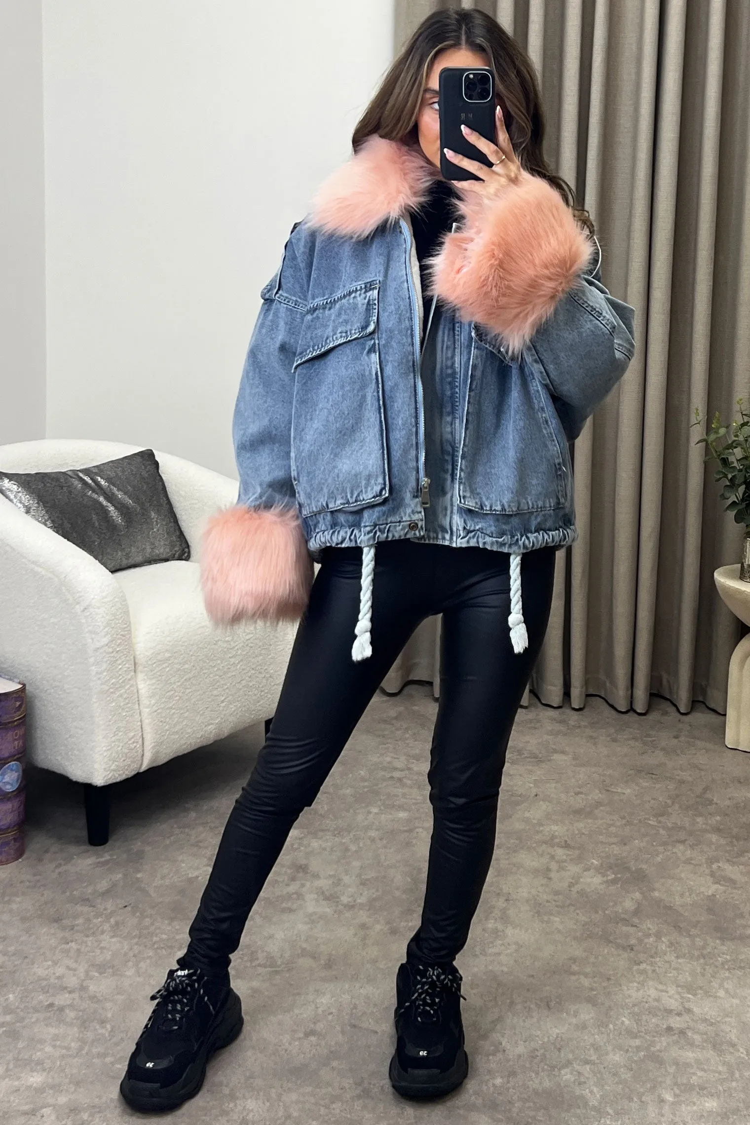 Ophelia Blue Denim With Pink Faux Fur Jacket