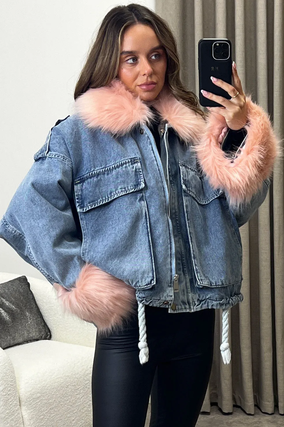 Ophelia Blue Denim With Pink Faux Fur Jacket