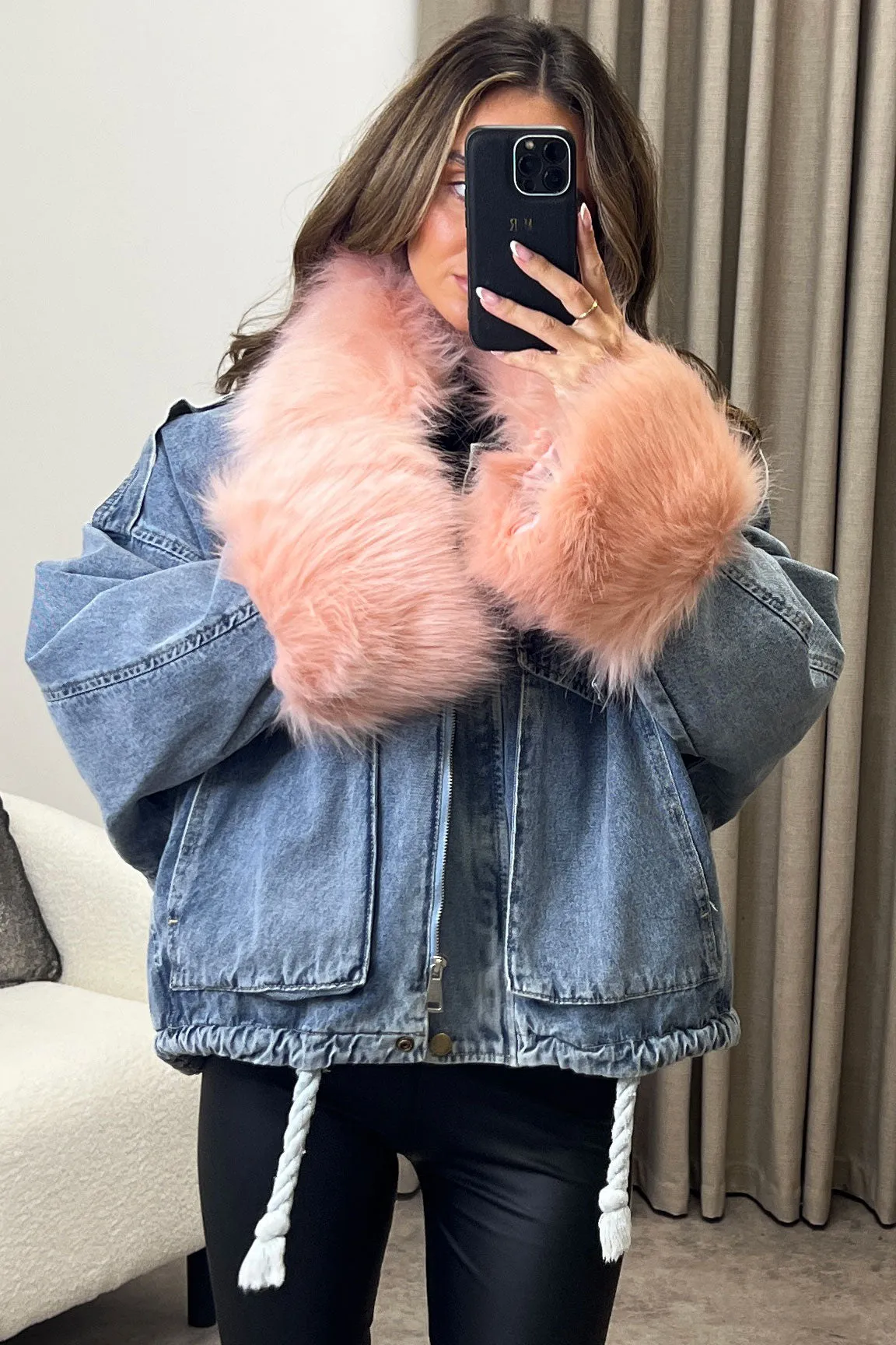 Ophelia Blue Denim With Pink Faux Fur Jacket