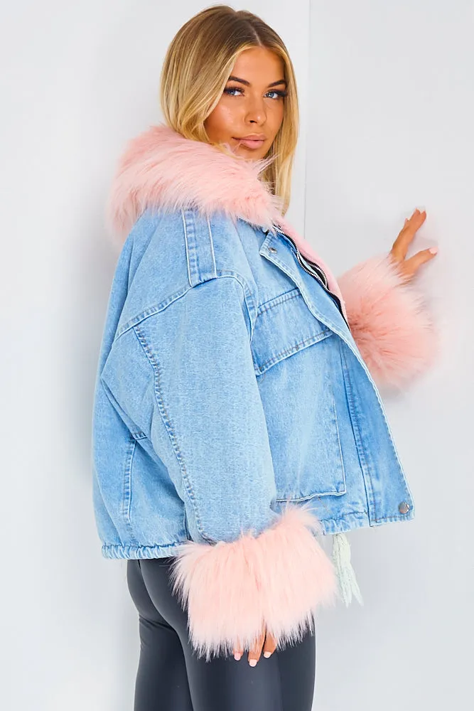 Ophelia Blue Denim With Pink Faux Fur Jacket