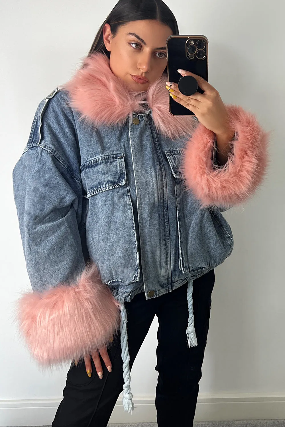 Ophelia Blue Denim With Pink Faux Fur Jacket