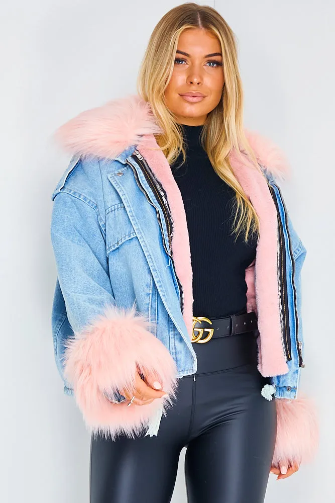 Ophelia Blue Denim With Pink Faux Fur Jacket