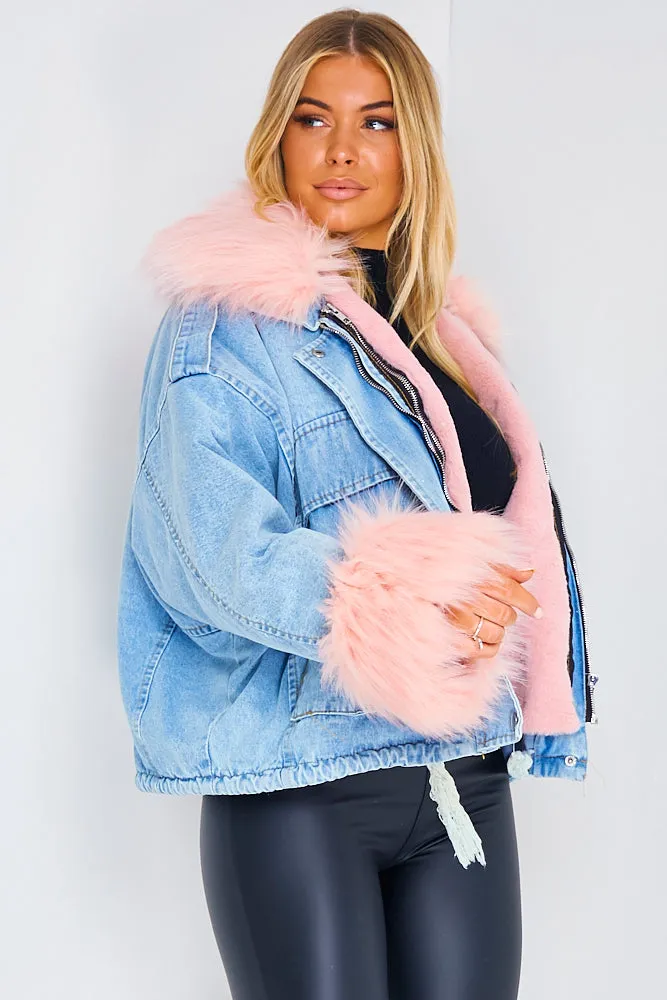 Ophelia Blue Denim With Pink Faux Fur Jacket