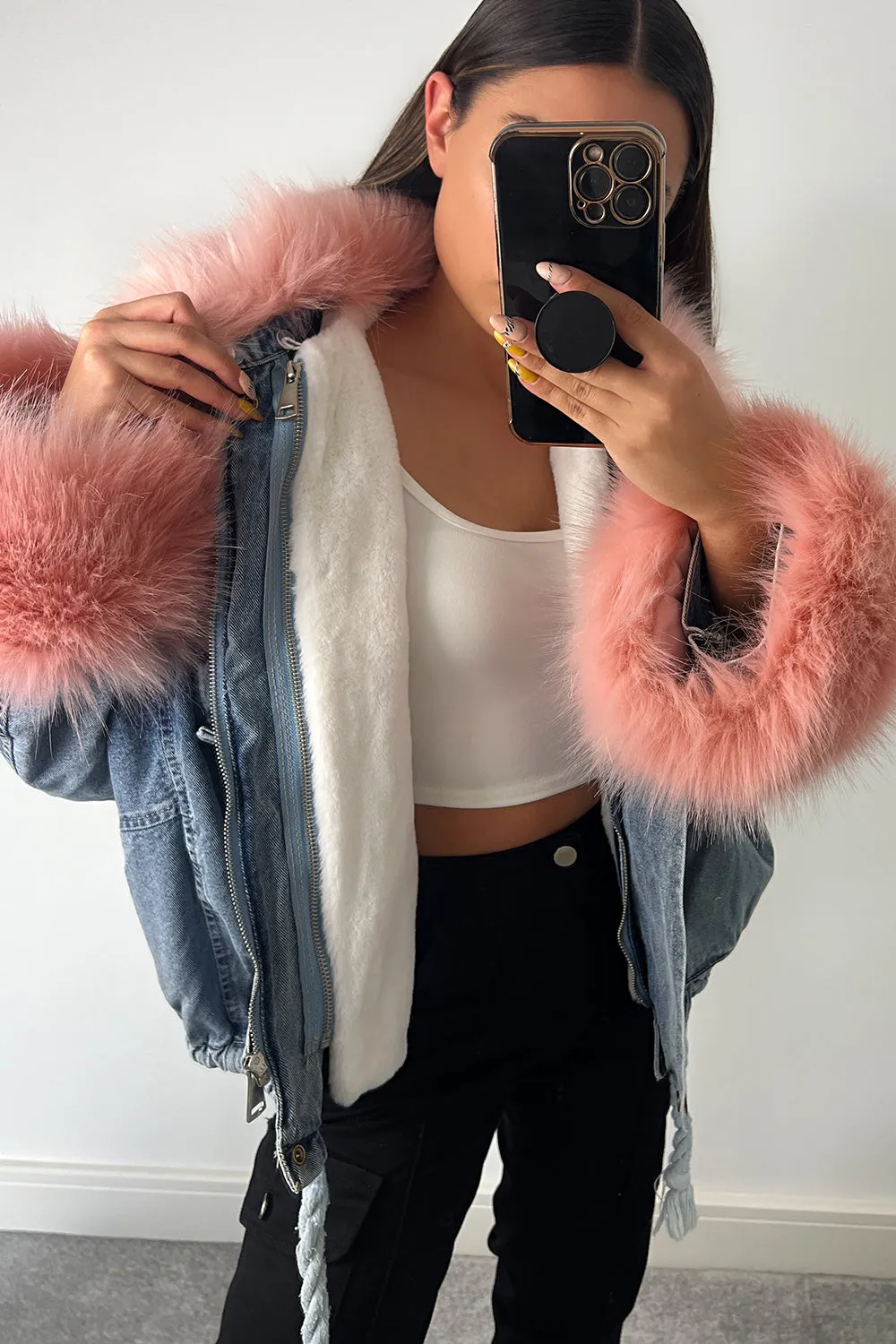 Ophelia Blue Denim With Pink Faux Fur Jacket