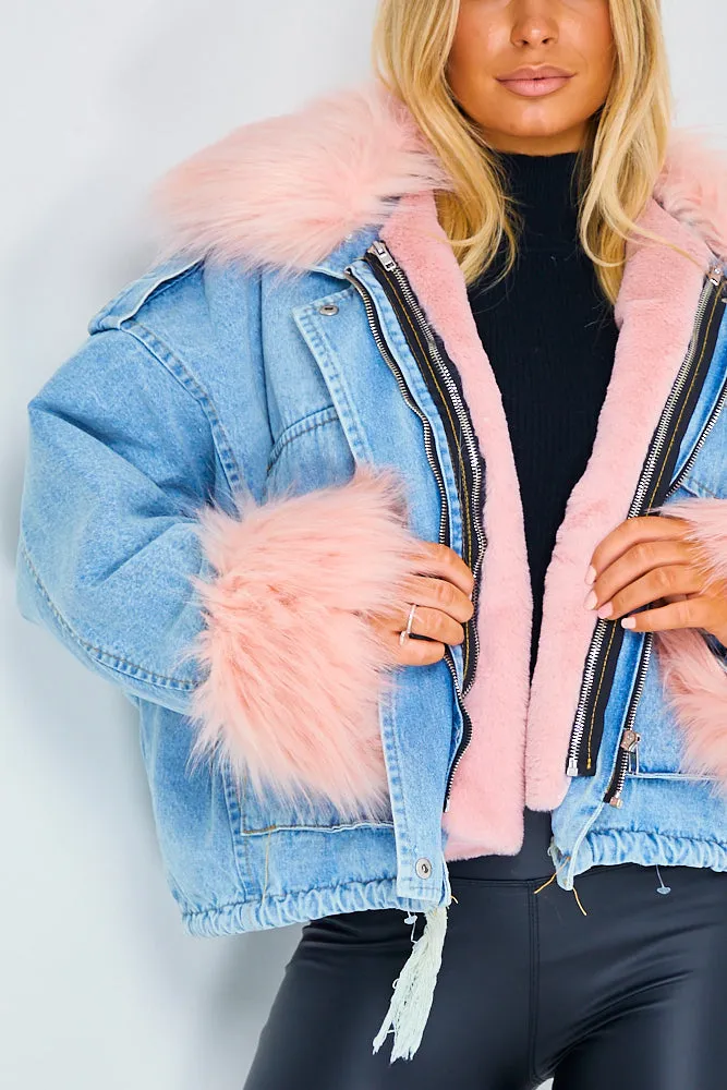 Ophelia Blue Denim With Pink Faux Fur Jacket