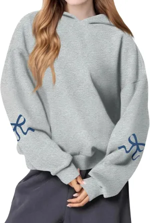 Oversized Hoodies for Women Cute Bow Trim Preppy Sweatshirts Long Sleeve Drop Shoulder Fleece Pullover Tops w/Pocket