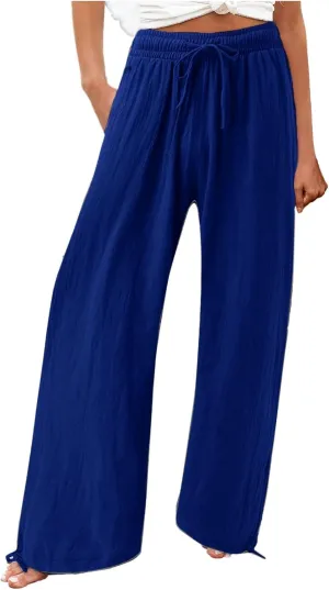Palazzo Pants for Women Drawstring High Waist Summer Casual Boho Pants Straight Wide Leg Plus Size Loose Fit Trousers