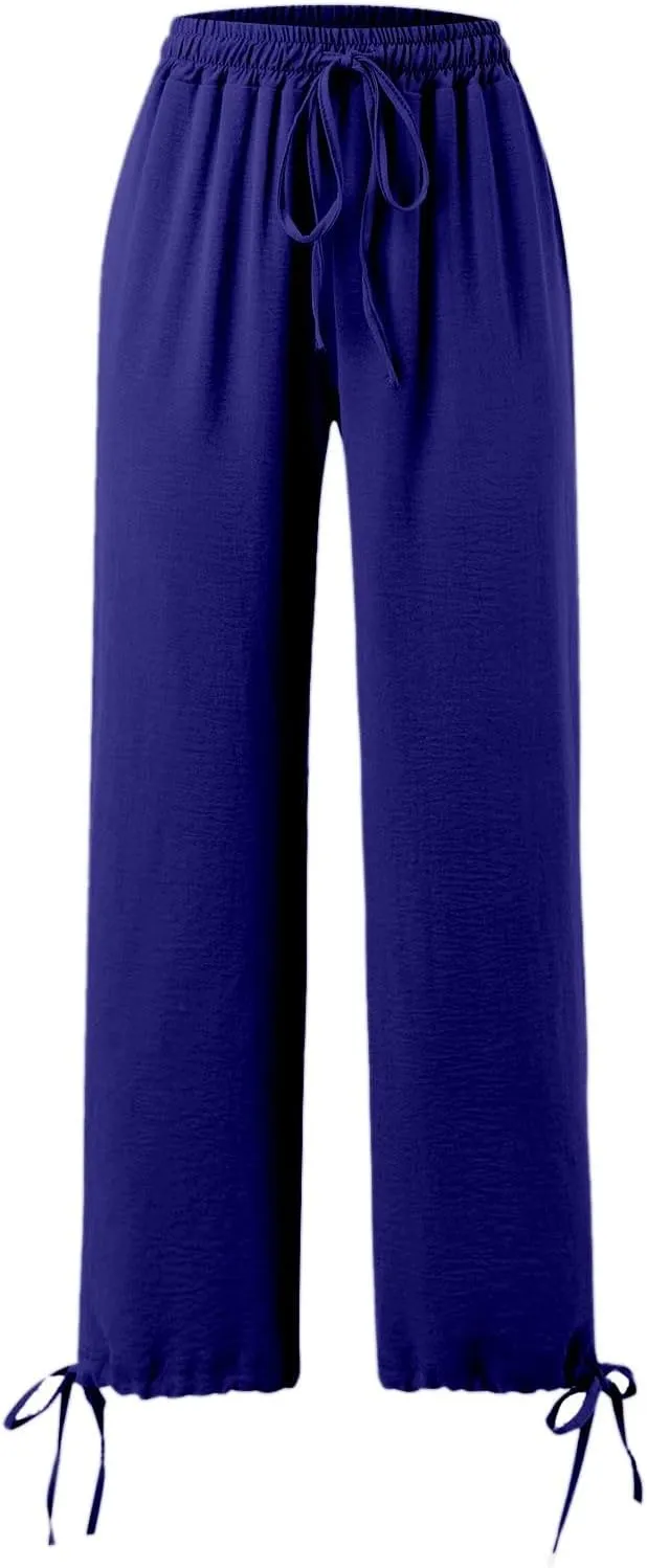 Palazzo Pants for Women Drawstring High Waist Summer Casual Boho Pants Straight Wide Leg Plus Size Loose Fit Trousers