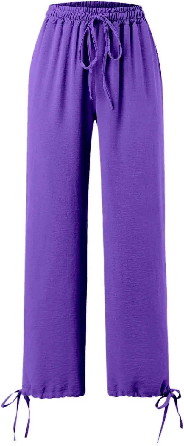 Palazzo Pants for Women Drawstring High Waist Summer Casual Boho Pants Straight Wide Leg Plus Size Loose Fit Trousers