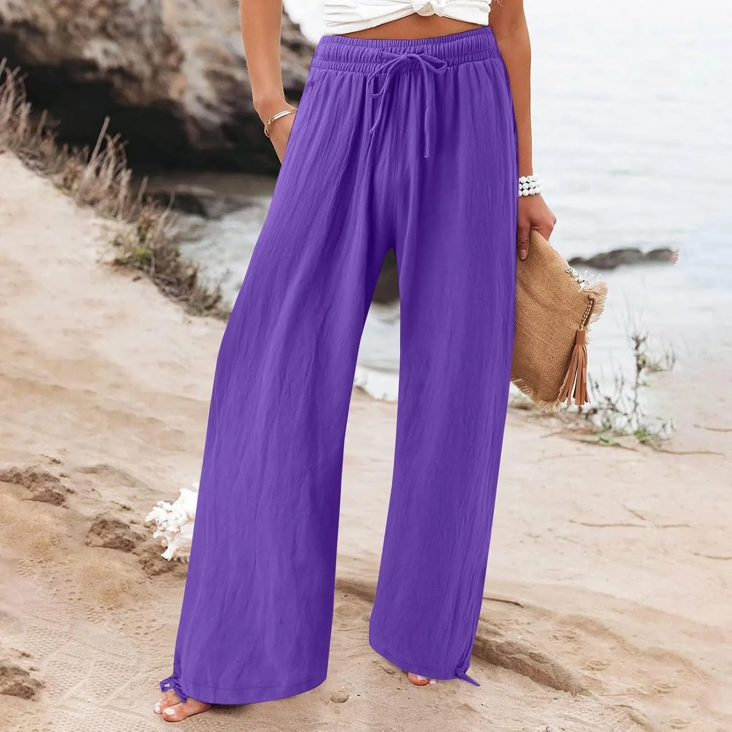 Palazzo Pants for Women Drawstring High Waist Summer Casual Boho Pants Straight Wide Leg Plus Size Loose Fit Trousers