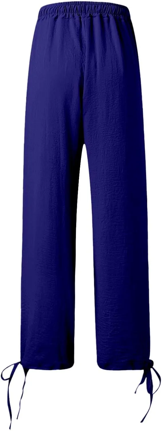 Palazzo Pants for Women Drawstring High Waist Summer Casual Boho Pants Straight Wide Leg Plus Size Loose Fit Trousers