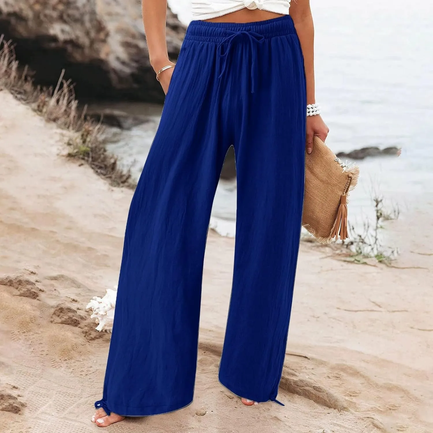Palazzo Pants for Women Drawstring High Waist Summer Casual Boho Pants Straight Wide Leg Plus Size Loose Fit Trousers