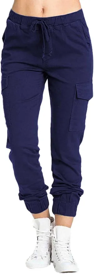 Petite Cargo Pants for Women Drawstring Elastic High Waist Lounge Cropped Pants Solid Color Baggy Comfy Trousers with Pocket