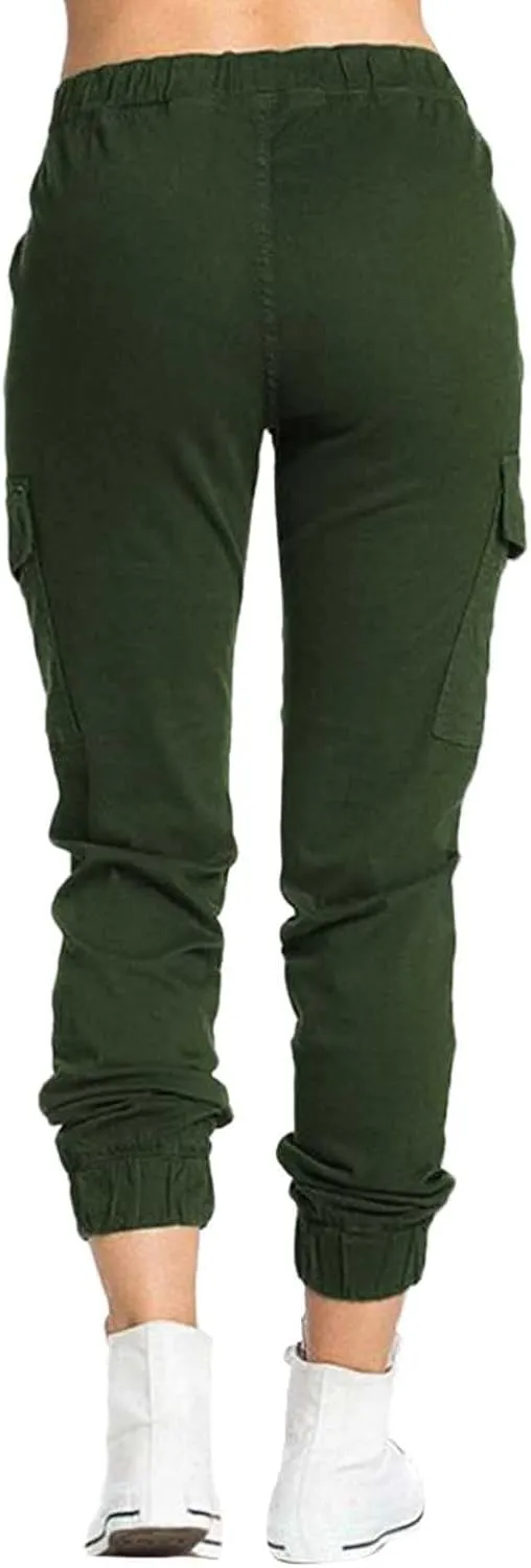 Petite Cargo Pants for Women Drawstring Elastic High Waist Lounge Cropped Pants Solid Color Baggy Comfy Trousers with Pocket